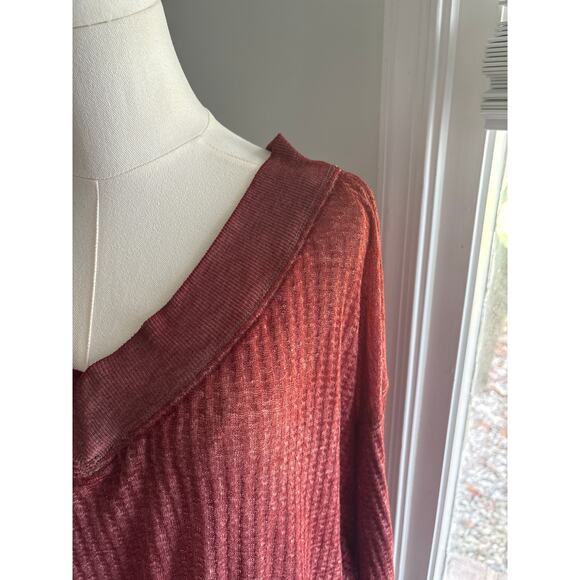 Free People Southside Thermal V-Neck Top XS Burgundy Red Slouchy Waffle Knit - Picture 5 of 8